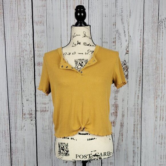 American Eagle Mustard Yellow Casual Stretchy Soft Ribbed Distressed Tee Shirt - Picture 1 of 7